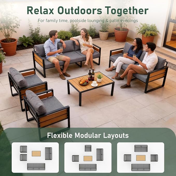 Furnimart Patio Furniture Set, 5-Piece Metal Outdoor Sectional, 7-Seat Patio Conversation Set with Deep Seating, Thick Cushions & Coffee Table for Backyard, Porch & Deck, Gray