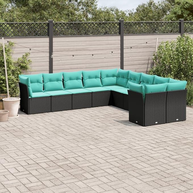 10 Piece Patio Sofa Set with Cushions, Patio Conversation Set Front Porch Furniture Porch Furniture Set Sectional Sofa for Exhibition Poolside Negotiation Area Piazza Black Poly Rattan