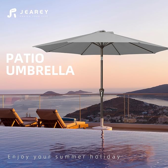 JEAREY 10FT Outdoor Patio Umbrella Outdoor Table Umbrella with Push Button Tilt and Crank, Market Umbrella 8 Sturdy Ribs UV Protection Waterproof for Pool, Garden (Light Gray)