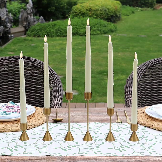 Rhytsing 11.4" Natural White Flameless Taper Candles with Timer Function, Battery Operated Dinner Tall Candlestick Wax Dripping Design, Warm White LED, 2 Remotes Included - Set of 6