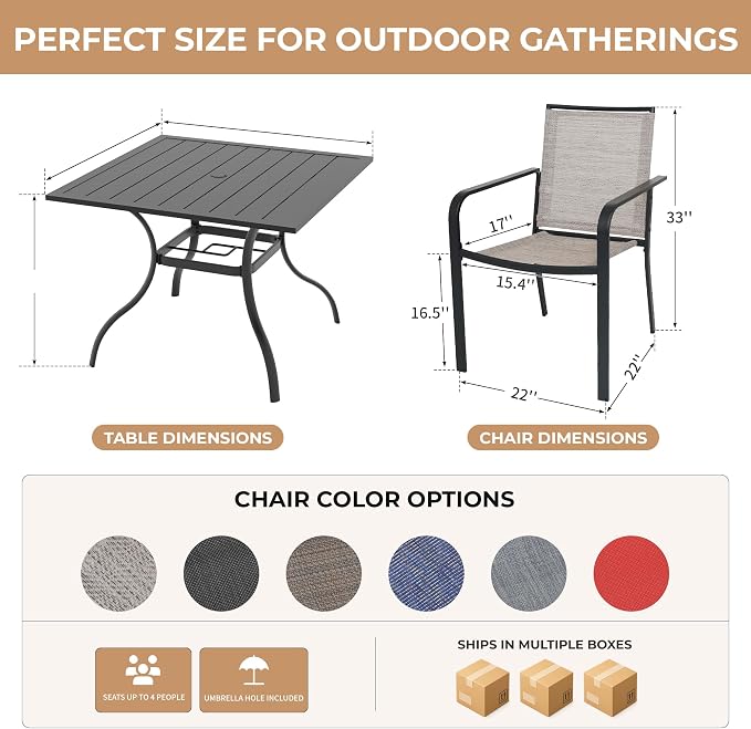 Anmutig 5-Piece Outdoor Dining Set, 35" Square Table with 1.57" Umbrella Hole, 4 Stackable Chairs, Black Steel Frame Beige White Fabric