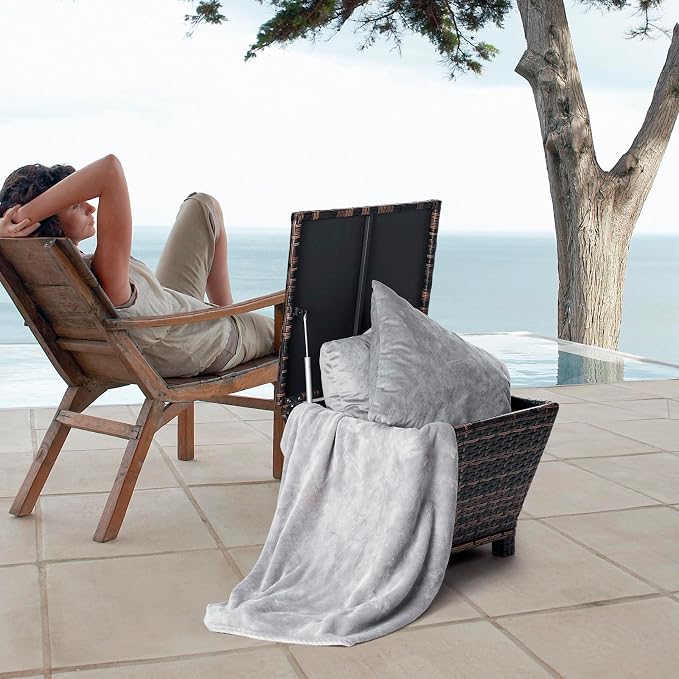 Outdoor PE Wicker Side Table with Storage, 13 Gallon Patio Storage Bin Container for Hose Cushion Towel, Gradient Rattan End Table for Backyard Garden Deck, 112 lbs Capacity, Brown