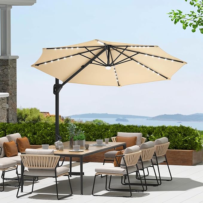 Garvee Cantilever Patio Umbrella 10ft Large Round Umbrella Outdoor Market Umbrellas 360°Rotation Offset Hanging Outdoor Shade for Patio
