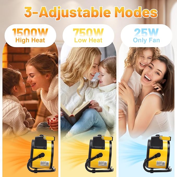 Greenhouse Heater with Thermostat, 1500W Outdoor Heaters for Patio, 3S Fast Heating & 3 Heat Modes, Overheat Protection, Electric Space Heater for Patio, Garage, Greenhouse, Bedroom (Yellow)