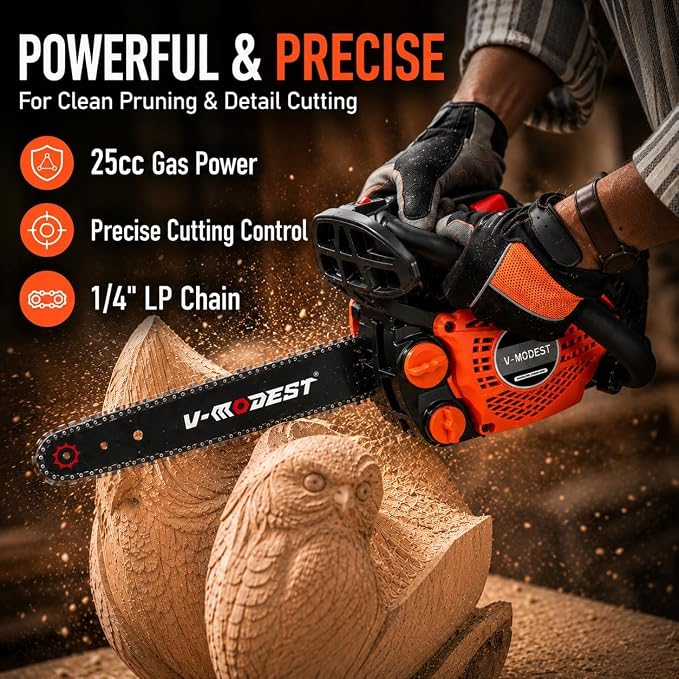 Gas Chainsaw 12 inch, Top Handle Chainsaw 25cc 2-Stroke Small Gas Powered Chain Saw, Lightweight 5.5 lbs, 1/4" LP Low Kickback Chain for Pruning, Yard & Garden, Easy to Use