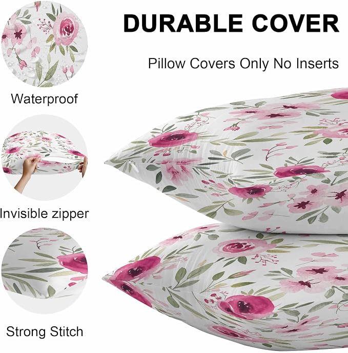 Vandarllin Outdoor Throw Pillows Covers 26x26 inch Set of 2 Waterproof Pink Flowers Decorative Zippered Cushion Covers for Patio Furniture, Floral Leaves Plant Lumbar Pillowcases