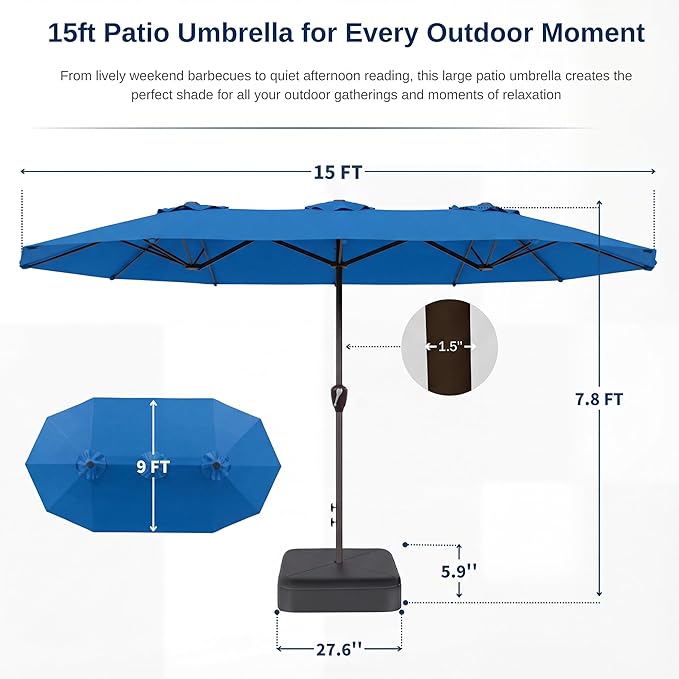 15FT Large Patio Umbrella with Base, Double Sided Rectangular Outdoor Umbrella with Sturdy Fiberglass Ribs, UPF 50+ Sun Protection, Wind-Resistant, Waterproof Fade-Resistant Fabric for Pool, Garden, Backyard, Deck(Royal Blue)