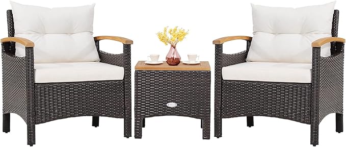 Tangkula 3-Piece Patio Furniture Set, Patiojoy Outdoor Rattan Sofa Set with Coffee Table, Patio Conversation Set with Removable Cushion, Cozy Acacia Wood Armrests for Backyard, Poolside (Off White)