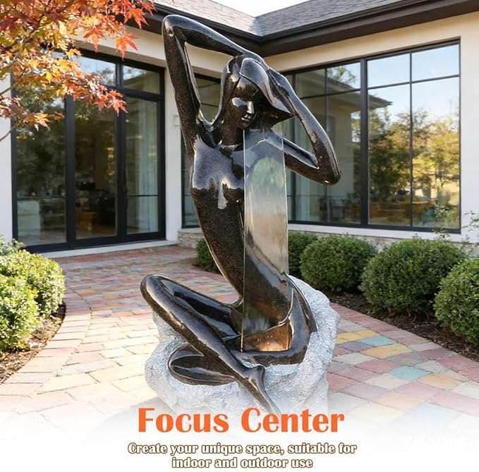40" H Modern Goddess of Fortune Seated Water Fountain with Glass and Led Light, Waterfall Outdoor/Indoor Zen Water Features Decor for Garden Patio Backyard Lawn Home