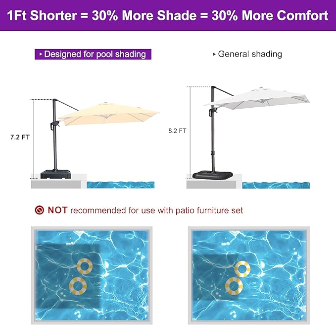 PURPLE LEAF 8' X 8' Patio Umbrella with Base for Pool 7' High Offset Outdoor Cantilever Umbrella Swimming Pool Umbrella with 360°Rotation for Poolside Yellow