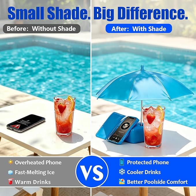 Poolside Phone & Drink Shade Umbrella with Water-Fill Base Touchscreen Phone Pouch Adjustable 19.7" Canopy Portable Sun Shade for Pool Beach Patio Backyard & Camping Carry Bag Included