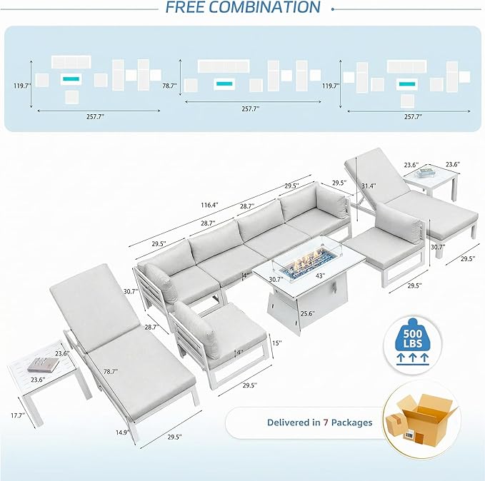 NICESOUL 11 Pcs Oversized Modern Aluminum Patio Furniture Set, 500lbs Heavy Duty Outdoor Sectional Sofa with Chaise & Fire Pit Table, 29" Deep Wide Seating Conversation Couch for Poolside, Light Gray