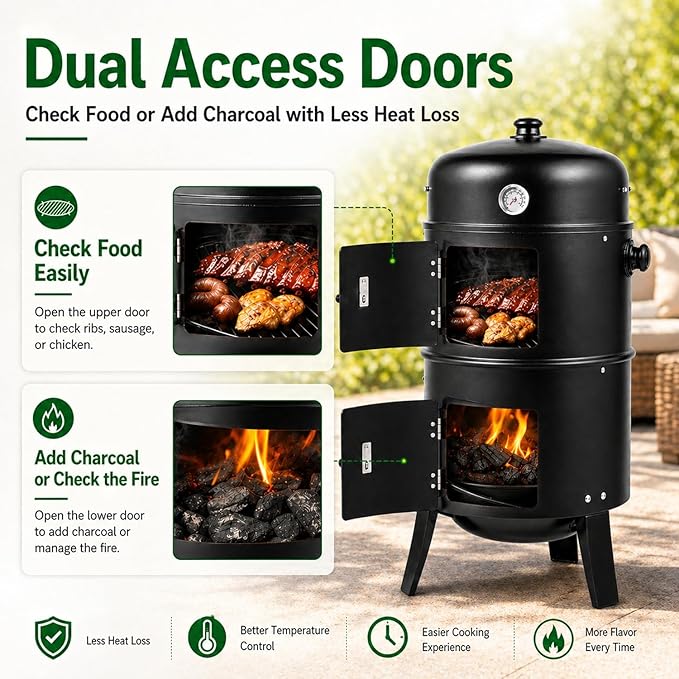 16 Inch Charcoal Smoker for Meat, Vertical Smoker Grill, Small Smoker for Backyard, Patio and Camping | 4-in-1 BBQ Smoker with Built-In Thermometer, Adjustable Air Vent, 2 Cooking Racks
