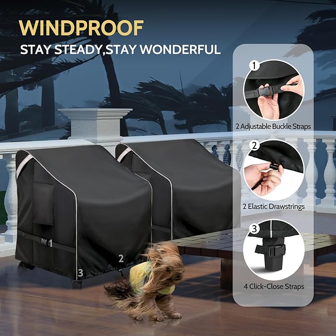 COSFLY Outdoor Patio Chair Covers Waterproof, Heavy-Duty UV-Resistant Furniture Covers, Adjustable Fit with Buckle Straps, Fits Chairs up to 36" W x 34" D x 32" H (2-Pack, Black)