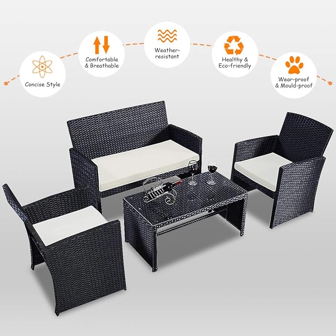 Tangkula 4PCS Patio Furniture Set with Coffee Table, Chairs, Cushions & Loveseat for Garden Balcony Backyard Chat Set Durable Handwoven Rattan Wicker Outdoor Patio Conversation Set, Black