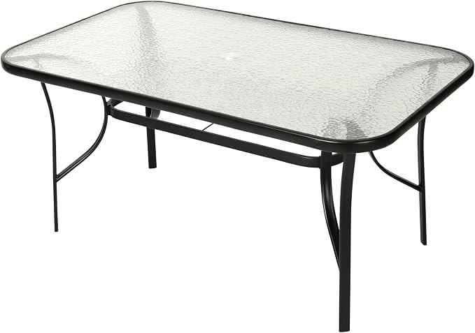 EMMA + OLIVER Bartlett 7-Piece Outdoor Dining Set, Patio Table with Tempered Glass Top and Umbrella Hole, 6 Flex Comfort Textilene Stack Chairs, 60", Red/Black