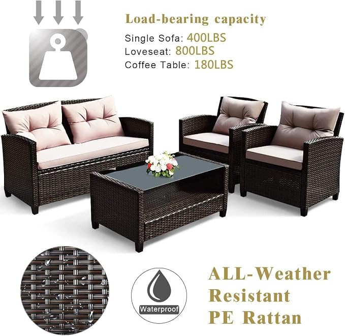 DORTALA 4 Piece Wicker Patio Furniture Set, PE Rattan Outdoor Conversation Sets with Loveseat, Chairs & Coffee Table for Backyard, Porch, Garden and Poolside, Brown