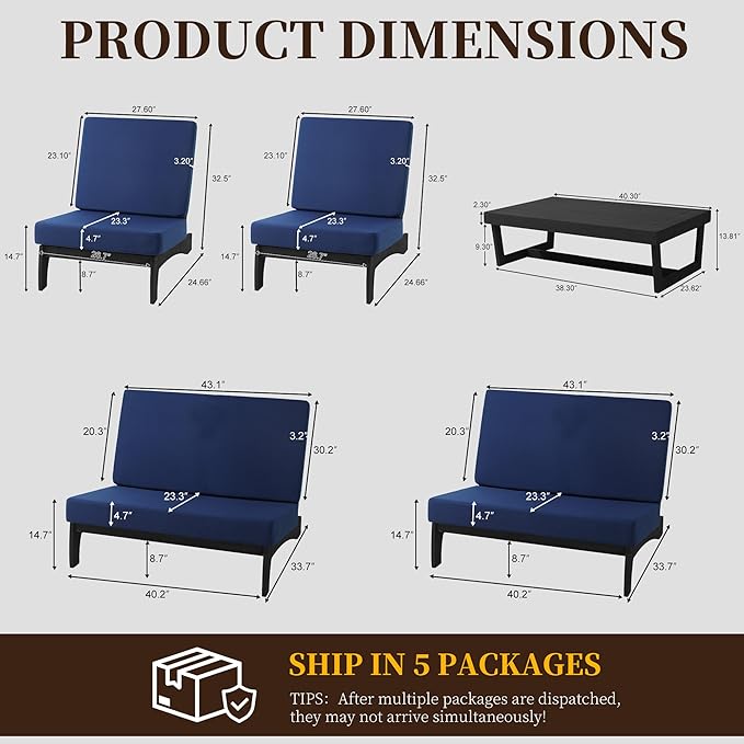 UIXE 5 Pieces Black Wood Patio Furniture Sets, 2 Patio Loveseat, 2 Patio Bistro Chair, All Weather Outdoor Sectional Sofa Furniture Backyard Conversation Set with Coffee Table - Navy