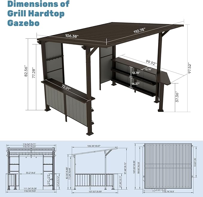 Domi 9x10FT Grill Gazebo Hardtop, BBQ Gazebo for Outdoor Grill with Storage Shelves and Expansion Platform, Metal Permanent Lean-to Canopy for Patio Backyard Lawn, Brown