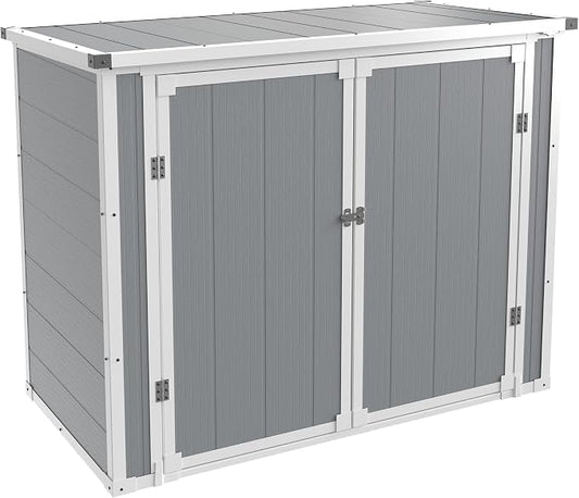 Storage Shed Outdoor Weatherproof Resin Storage Shed with Floor 41 Cu.Ft with Gas Spring, Lockable Doors for Trash Can Storage, Garden Tools, Suitable for patios, Poolside（Light Grey）