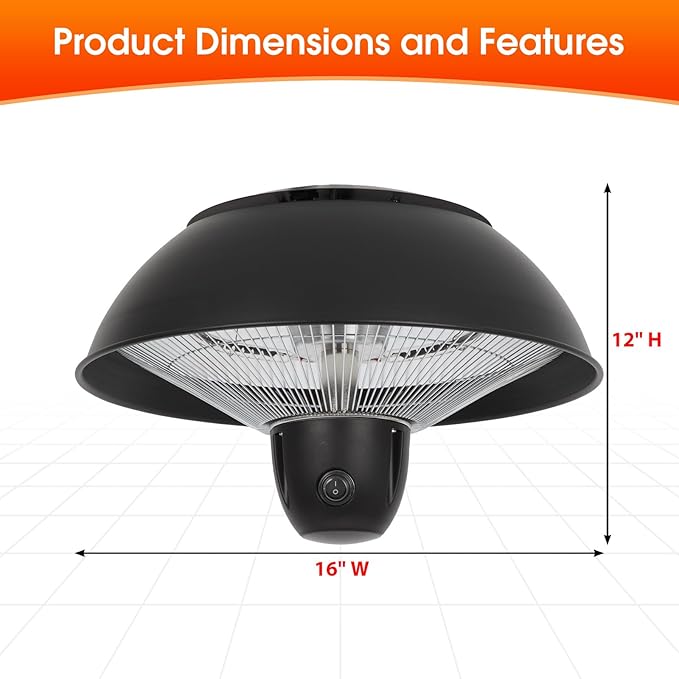 Infrared Hanging Electric Patio Heater W/Remote, Ceiling Mounted, 1500W, Indoor/Outdoor, IPX4 Water-Resistant, 360° Heat, 3-Second Warm-Up