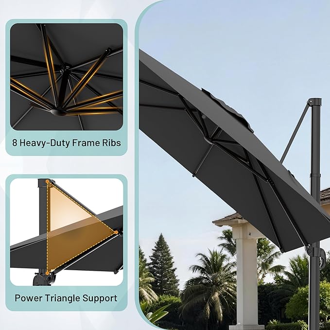 AreShark 8 × 8FT Square Cantilever Patio Umbrella with Base Included, 360° Rotation Offset Outdoor Umbrella, 5 Tilt Settings Heavy Duty Hanging Parasol for Deck Garden Pool, Grey