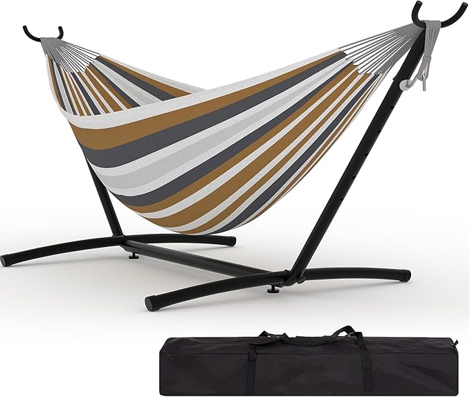 Double Hammocks with Stand for Outside, Portable Space Saving Heavy-Duty Steel Stand for Indoor Outdoor Patio with Carrying Bag, 450 lbs Capacity