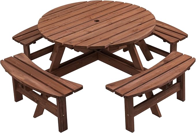 8 Person Outdoor Picnic Table, Round Picnic Table with 4 Built-in Benches, Umbrella Hole, Outside Wood Picnic Table and Bench Set for Patio, Backyard, Garden, Porch, 2220lb Capacity - Brown