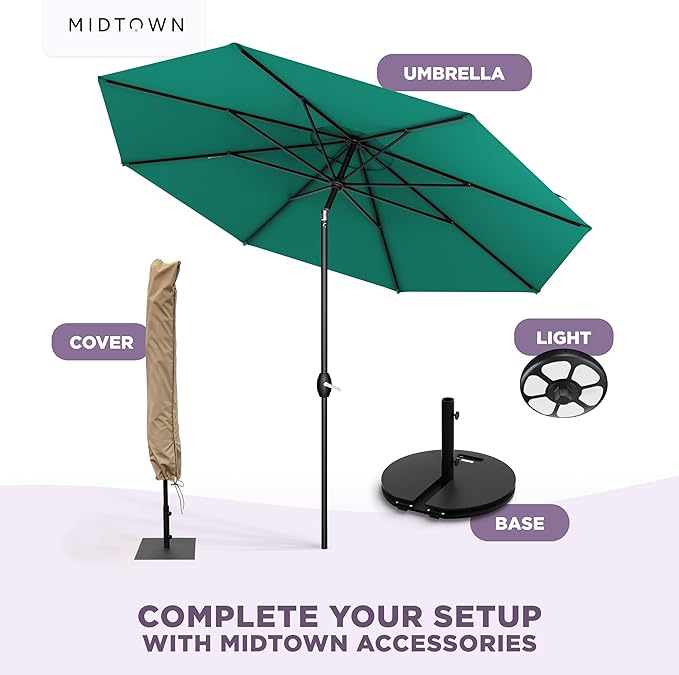 Midtown Umbrellas - The Lean 10 Ft Patio Umbrella with Fade-Resistant Sunbrella Fabric, Auto-Tilt Aluminum Frame and 8 Reinforced Ribs for Deck, Pool & Garden - Canvas Glacier Canopy, Black Pole