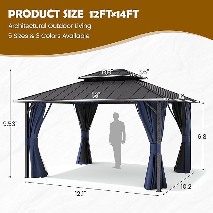 UDPATIO 12'x14' Hardtop Gazebo, Permanent Patio Pavilion with Breathable Netting and Privacy Curtain for Dining Party, Navy Blue