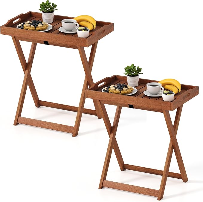Giantex Outdoor Side Table Set of 2, Wooden Folding Table with Removable Tray Top, Food Serving Tray with Stand for Patio, Porch, Garden, Backyard & Poolside
