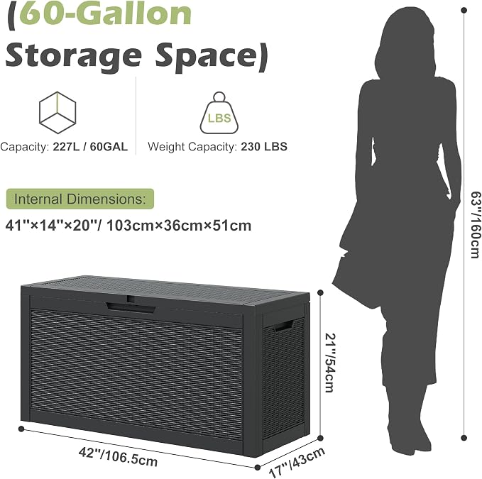 Outdoor Storage Box, Resin Deck Boxes Indoor and outdoor, Waterproof Storage Box Lockable Lid (Black, 60 Gallon)