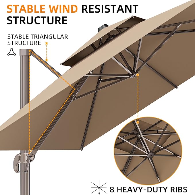 10' X 13' Outdoor Patio Umbrella Large Rectangle Cantilever Umbrella with Base Included, Heavy Duty 360°Rotation Offset Umbrella for Garden Deck Pool Patio,Brown
