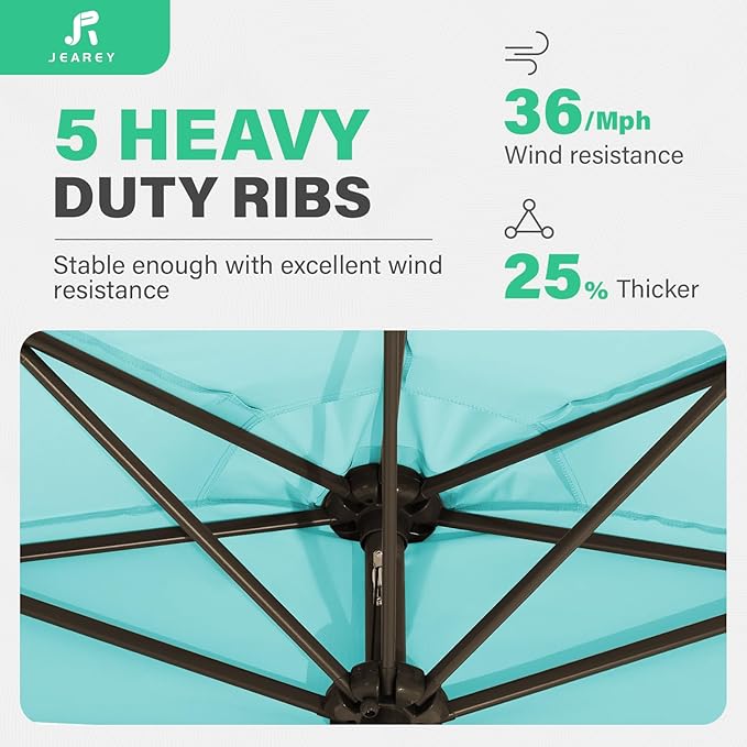 JEAREY 9ft Half Umbrella Outdoor Patio Umbrella Market Umbrellas with Crank, 1/2 Round Wall Umbrella 5 Sturdy Ribs UV Protection for Pool Garden Balcony Deck, Teal Blue