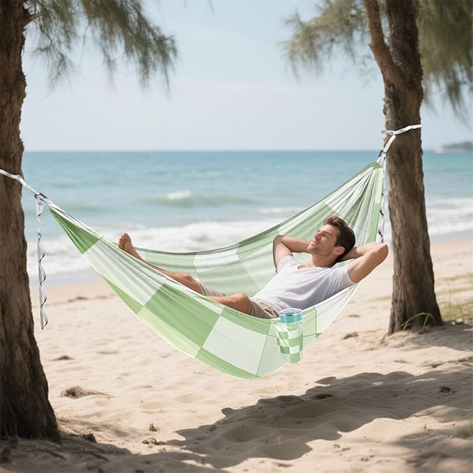 Light Green and White Checkered Pattern 330lb Capacity Camping Hammocks with Portabl Carry Bag Swing Hammock for Outside Patio Backyard Poolside hamaca para adultos