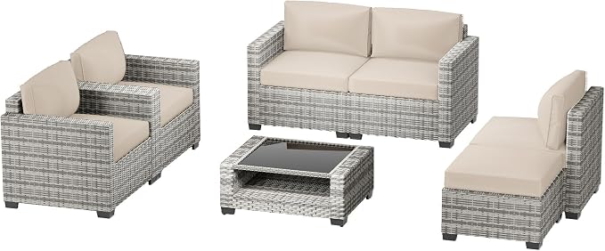 Patio Furniture Set, 7-Piece Outdoor Sectional Couch with Coffee Table & Thick Cushions, Outdoor Wicker Conversation Set for Backyard, Poolside, Garden (Grey White-White, 7 Piece-Double)