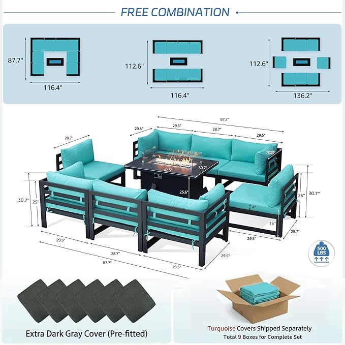 NICESOUL 9 Piece Modern Aluminum Patio Furniture Set with Fire Pit Table, 500 lbs Heavy Duty Outdoor Sectional Sofa, 29" Deep Wide Oversized Seating L Shaped Conversation Couch for Garden, Turquoise