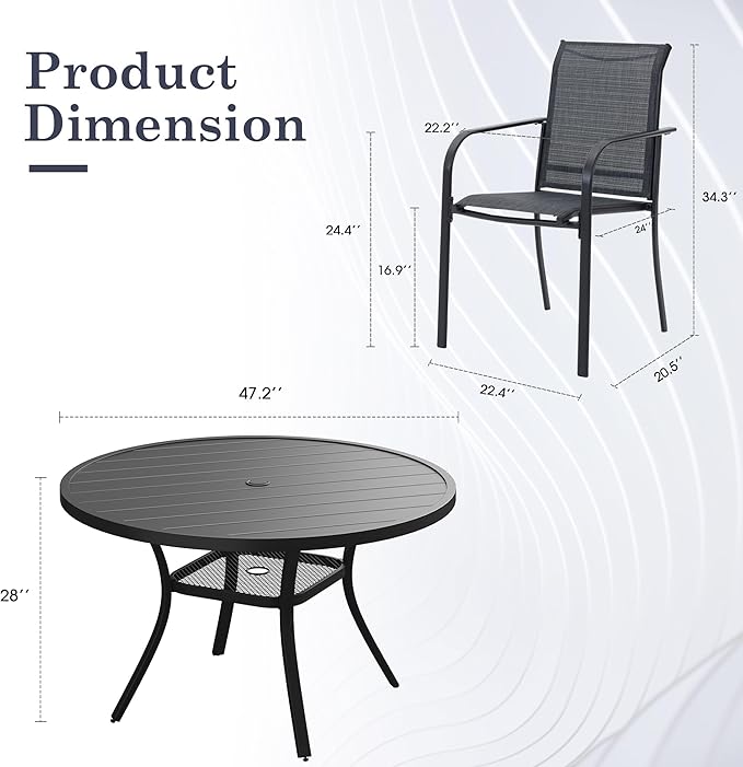 7 Pieces Outdoor Dining Set, Stackable Textilene Patio Chairs & 47.2" Round Dining Table with Umbrella Hole and Shelf, Patio Dining Set for Backyard, Deck, Garden, Grey & Black