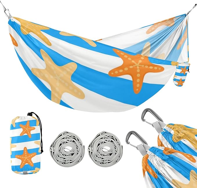 Blue White Striped Sea Starfish 330lb Capacity Camping Hammock Tree Hammock for Outside Patio Garden Bases para hamacas para adultos