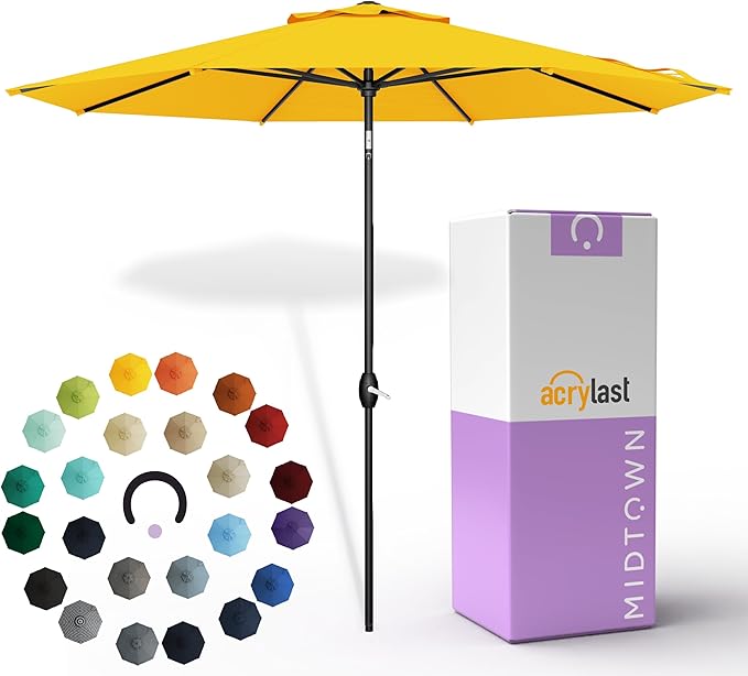 Midtown Umbrellas – The Lean 9 Ft Patio Umbrella with 10-Year-No-Fade Acrylast Acrylic Fabric, Auto-Tilt and 8 Reinforced Ribs for Deck, Pool, Garden, Hotel & Cafes – Studio Yellow Canopy, Black Pole