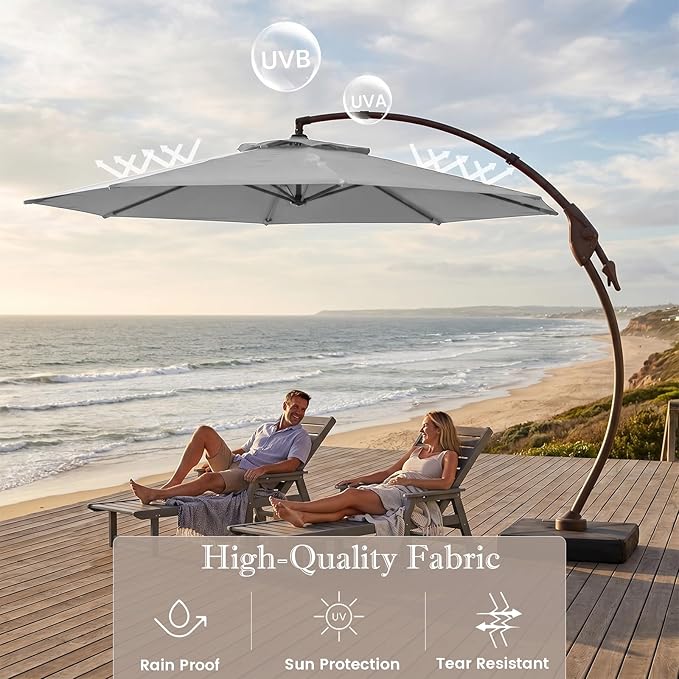 Cantilever Umbrella with Heavy-Duty Base, Outdoor Large Round Aluminum Offset Umbrella for Patio Garden Backyard, UV-Resistant Waterproof Canopy, 360° Rotation & Tilt Adjustment