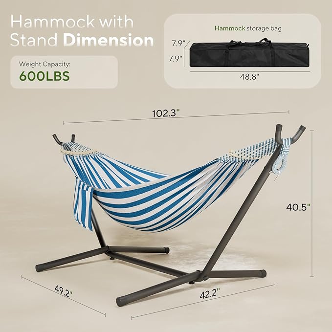 600lbs Hammock with Stand for Outside, 2 Person Portable Hammock with Side Storage, Carrying Bag, Expend Wooden Bar for Outdoor or Indoor (Blue White)