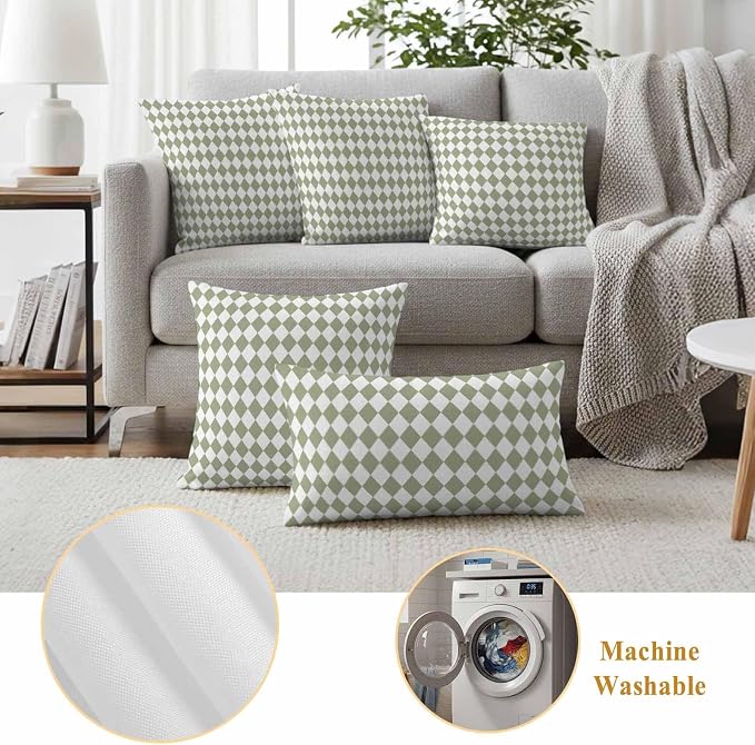 Outdoor Throw Pillow Cover Modern Sage Green White Check Waterproof Cushion Covers 2 Pack Abstract Buffalo Plaid Pillow Cases Home Decoration for Patio Garden Couch Sofa