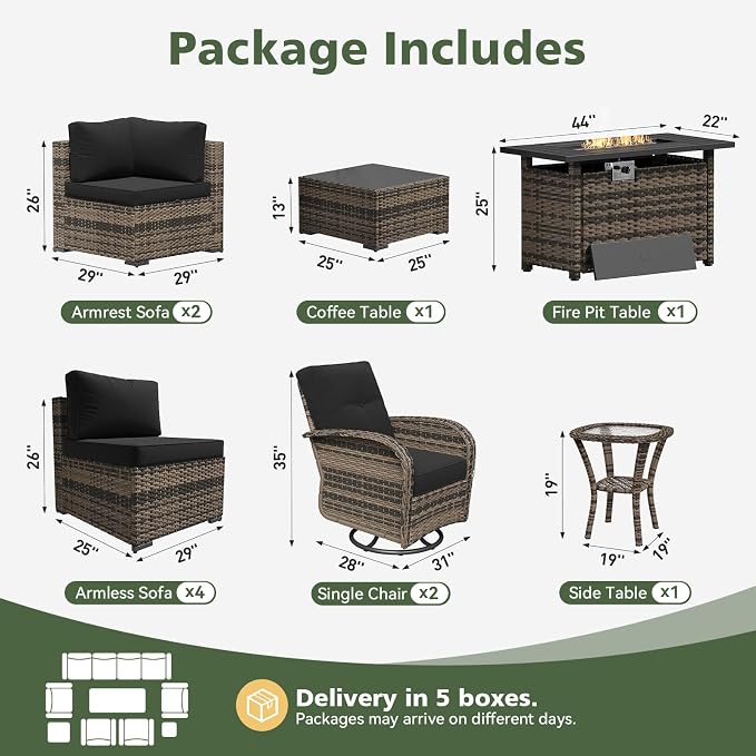 Aoxun 11 Piece Outdoor Patio Furniture Set with 44'' Fire Pit Table, Wicker Rattan Outdoor Furniture with High Back Swivel Rocker Chairs, Outdoor Sofa Set with Thick Cushion & Side Table, Black