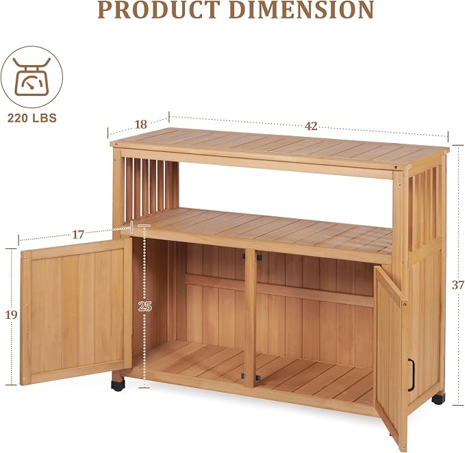 Mederlo Wooden Patio Bar Table with Storage, Cedar Outdoor Buffet Cabinet Sideboard, 42 x 18 x 37 in Serving Station with Double-Layer Tabletop for Patio, Deck, Backyard, Indoor