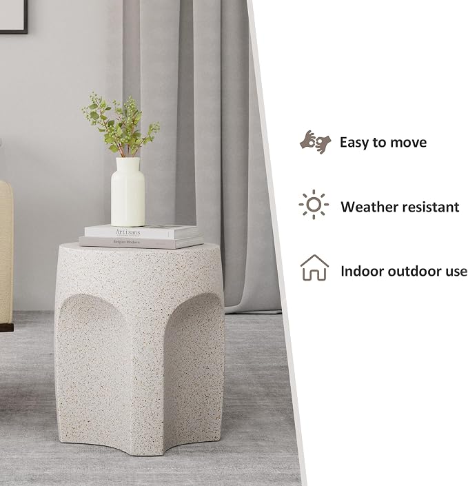 HOMPUS Outdoor Side Table Set of 2, Unique Patio End Table w Arch Shape, Round MgO Lightweight Concrete Accent, Modern Vintage Garden for Indoor Outdoor Use, White
