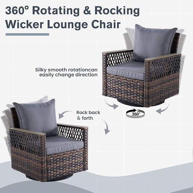 MELLCOM Outdoor Swivel Rocker Patio Chairs，3 Pieces Patio Bistro Set with Table Set, All-Weather Wicker Patio Furniture Set with Thickened Cushions and High Back for Garden, Backyard