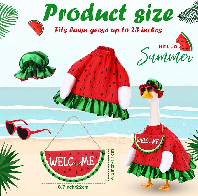 Summer Watermelon Porch Goose Outfits Summer Dress with Frilled Hat & Skirt Welcome Wooden Sign Fits 23" Cement Goose Statue Outdoor Garden Yard Patio Lawn Decor(Watermelon)
