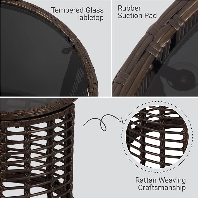 Patio Rattan Side Table - Outdoor Wicker Fashionable Side Table, Round End Table with Glass Table Top for Garden, Backyard, Porch, Deck, Black Gold