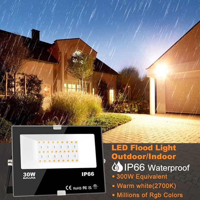 MELPO 30W Led Flood Light Outdoor 300W Equivalent, Color Changing RGB Lights with Remote, 120 RGB Colors, Warm White 2700K, Timing, Custom Mode, Uplight Landscape Lights,IP66 US 3-Plug (4 Pack)